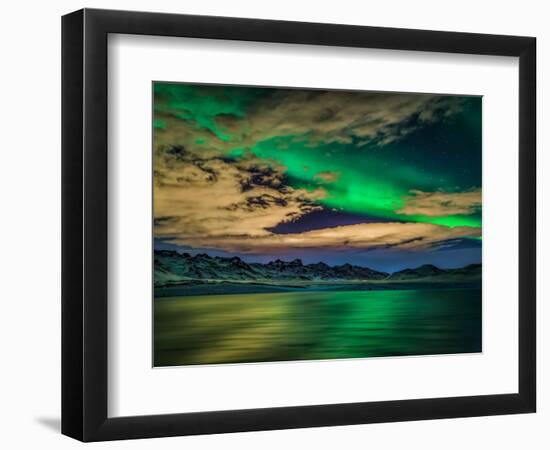Cloudy Evening with Aurora Borealis or Northern Lights, Kleifarvatn, Iceland-null-Framed Photographic Print