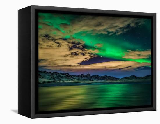 Cloudy Evening with Aurora Borealis or Northern Lights, Kleifarvatn, Iceland-null-Framed Stretched Canvas