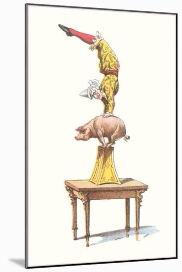 Clown Balancing on Pig-null-Mounted Art Print