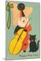 Clown Playing Bass, Cat Howling-null-Mounted Art Print