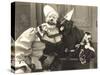 Clown Posing with Dog Dressed in Clown Costume-null-Stretched Canvas