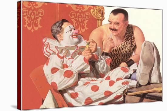 Clown Relaxing with Strongman-null-Stretched Canvas