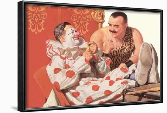 Clown Relaxing with Strongman-null-Framed Art Print