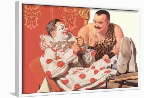 Clown Relaxing with Strongman-null-Framed Art Print