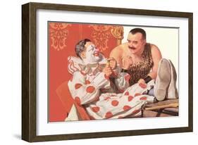 Clown Relaxing with Strongman-null-Framed Art Print