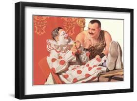 Clown Relaxing with Strongman-null-Framed Art Print