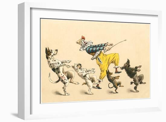 Clown with Dancing Dogs-null-Framed Art Print