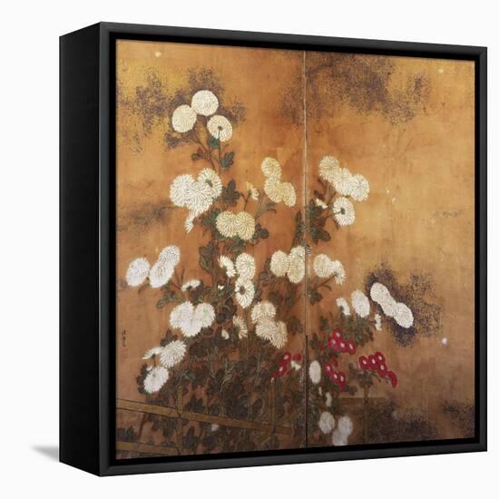 Clusters of Red and White Chrysanthemums in a Fenced Garden-null-Framed Stretched Canvas