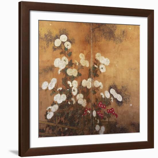 Clusters of Red and White Chrysanthemums in a Fenced Garden-null-Framed Giclee Print