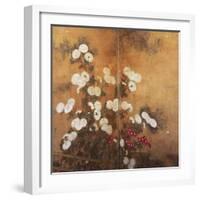 Clusters of Red and White Chrysanthemums in a Fenced Garden-null-Framed Giclee Print