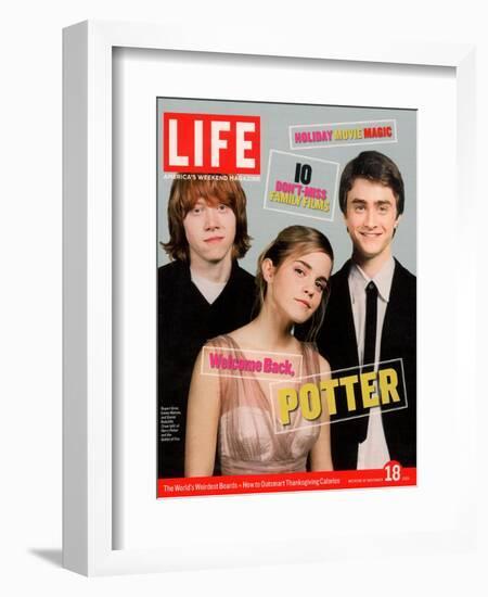 Co-stars of Harry Potter films Rupert Grint, Emma Watson and Daniel Radcliffe, November 18, 2005-Kayt Jones-Framed Photographic Print