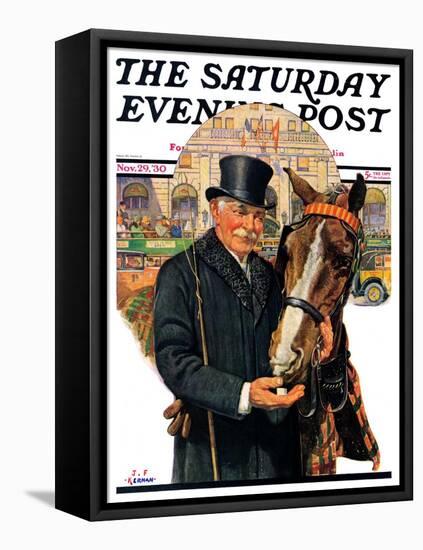 "Coachman and Horse," Saturday Evening Post Cover, November 29, 1930-J.F. Kernan-Framed Stretched Canvas