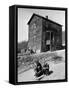 Coal Miner's Boys Playing with Puppy Outside Ramshackle, Two Story House in Dreary Mining Town-Alfred Eisenstaedt-Framed Stretched Canvas