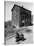 Coal Miner's Boys Playing with Puppy Outside Ramshackle, Two Story House in Dreary Mining Town-Alfred Eisenstaedt-Stretched Canvas