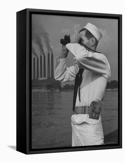 Coast Guard Patrolling Mississippi River Opposite East Saint Louis Power Plant-Alfred Eisenstaedt-Framed Stretched Canvas