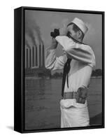 Coast Guard Patrolling Mississippi River Opposite East Saint Louis Power Plant-Alfred Eisenstaedt-Framed Stretched Canvas