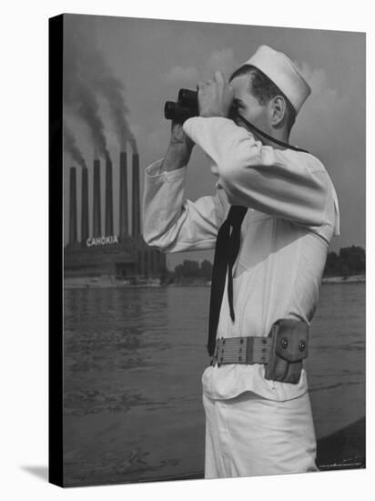 Coast Guard Patrolling Mississippi River Opposite East Saint Louis Power Plant-Alfred Eisenstaedt-Stretched Canvas