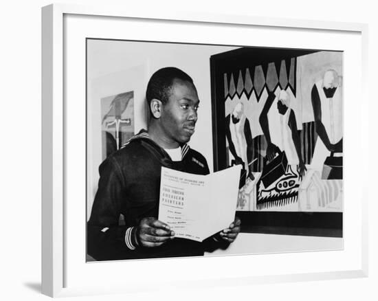 Coast Guardsman Jacob Lawrence, with His Paintings at the Institute of Modern Art in Boston in 1945-null-Framed Photo