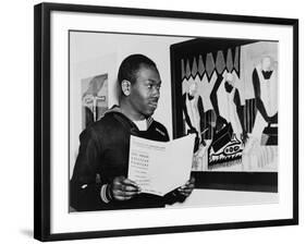 Coast Guardsman Jacob Lawrence, with His Paintings at the Institute of Modern Art in Boston in 1945-null-Framed Photo