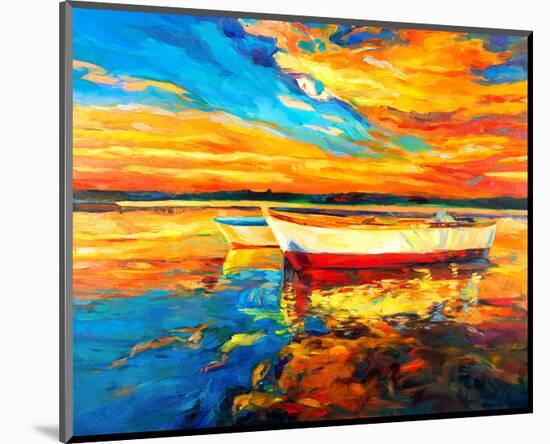 Coastal Boats Sunset Painting-null-Mounted Art Print