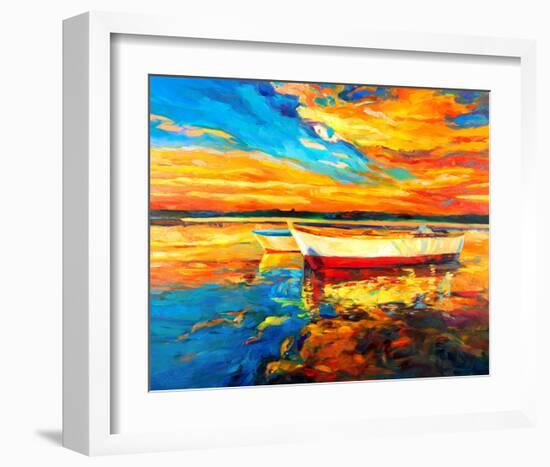 Coastal Boats Sunset Painting-null-Framed Art Print