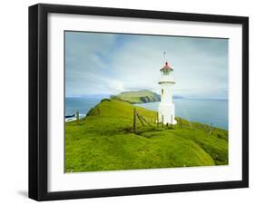 Coastal Scenery and Mykinesholmur Lighthouse, Footbridge Connects This Islet with the Island of Myk-Kimberley Coole-Framed Photographic Print