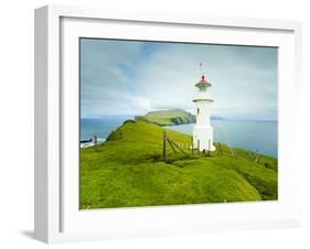 Coastal Scenery and Mykinesholmur Lighthouse, Footbridge Connects This Islet with the Island of Myk-Kimberley Coole-Framed Photographic Print