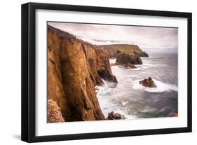 Coastal scenery with Enys Dodnan rock formation at Lands End, England-Andrew Michael-Framed Photographic Print