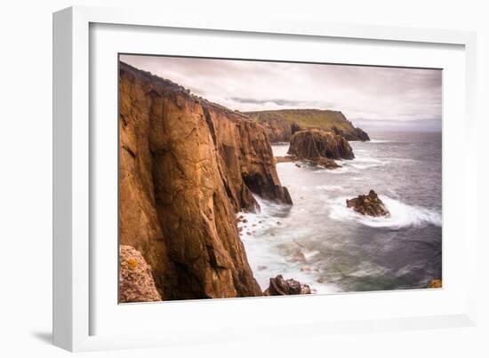 Coastal scenery with Enys Dodnan rock formation at Lands End, England-Andrew Michael-Framed Photographic Print