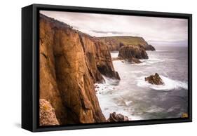 Coastal scenery with Enys Dodnan rock formation at Lands End, England-Andrew Michael-Framed Stretched Canvas