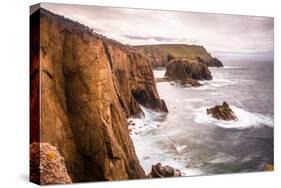 Coastal scenery with Enys Dodnan rock formation at Lands End, England-Andrew Michael-Stretched Canvas