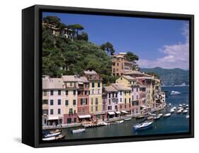 Coastal View, Village and Harbour and Yachts, Portofino, Liguria, Italy-Steve Vidler-Framed Stretched Canvas