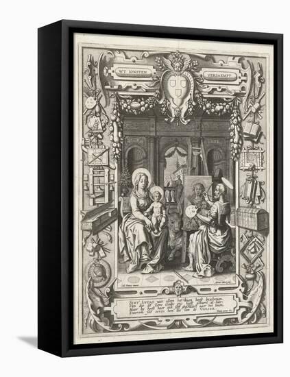 Coat of arms of the Guild of Saint Luke with Saint Luke painting Madonna and Child, 1620-21-Sebastian Vrancx-Framed Stretched Canvas