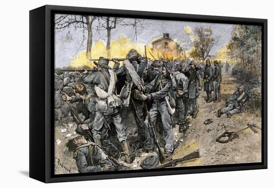 Cobb's and Kershaw's Confederate Troops Behind a Stone Wall Defending Fredericksburg, c.1862-null-Framed Stretched Canvas