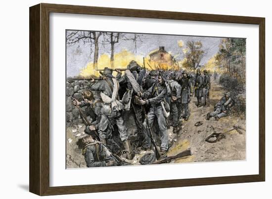 Cobb's and Kershaw's Confederate Troops Behind a Stone Wall Defending Fredericksburg, c.1862-null-Framed Giclee Print