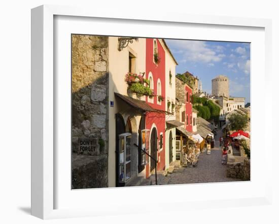 Cobbled Street Lined with Colourful Houses, Mostar, Bosnia and Herzegovina-Gavin Hellier-Framed Photographic Print