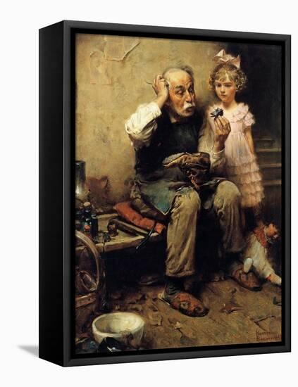 Cobbler Studying Doll’s Shoe-Norman Rockwell-Framed Stretched Canvas