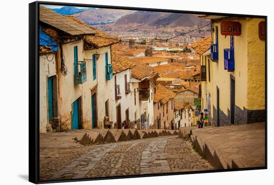 Cobblestone Street Scene, Cusco, Peru, South America-Laura Grier-Framed Stretched Canvas