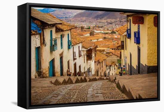 Cobblestone Street Scene, Cusco, Peru, South America-Laura Grier-Framed Stretched Canvas