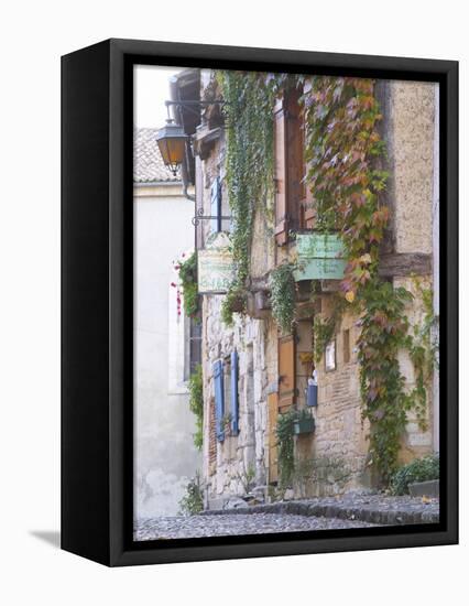 Cobblestone Street with Half Timber Stone Houses, Place De La Myrpe, Bergerac, Dordogne, France-Per Karlsson-Framed Stretched Canvas