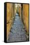 Cobblestones and yellow walls in alleyway, Hoi An, Vietnam-David Wall-Framed Stretched Canvas