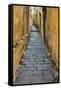 Cobblestones and yellow walls in alleyway, Hoi An, Vietnam-David Wall-Framed Stretched Canvas