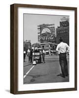 Coca Cola Sign and Thermometer Registering 100 Degrees during Columbus Circle Heat Wave in NY-Marie Hansen-Framed Photographic Print