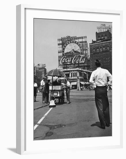 Coca Cola Sign and Thermometer Registering 100 Degrees during Columbus Circle Heat Wave in NY-Marie Hansen-Framed Photographic Print