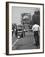 Coca Cola Sign and Thermometer Registering 100 Degrees during Columbus Circle Heat Wave in NY-Marie Hansen-Framed Photographic Print