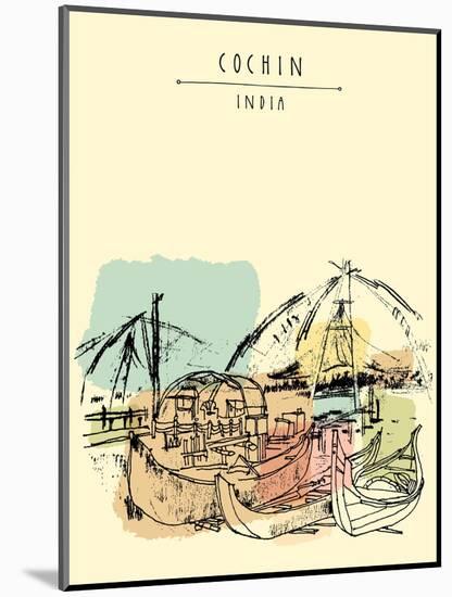 Cochin, Kerala, India. Wooden Boats and Chinese Fishing Nets on Vembanad Lake. Travel Sketchy Freeh-babayuka-Mounted Art Print