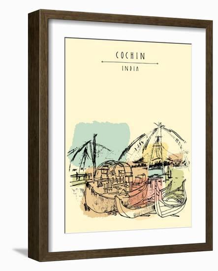 Cochin, Kerala, India. Wooden Boats and Chinese Fishing Nets on Vembanad Lake. Travel Sketchy Freeh-babayuka-Framed Art Print