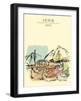 Cochin, Kerala, India. Wooden Boats and Chinese Fishing Nets on Vembanad Lake. Travel Sketchy Freeh-babayuka-Framed Art Print