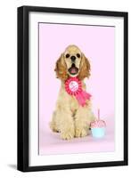 Cocker Spaniel Sitting Next to Cupcake Wearing-null-Framed Photographic Print