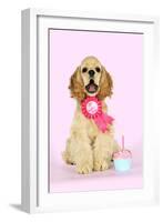 Cocker Spaniel Sitting Next to Cupcake Wearing-null-Framed Photographic Print